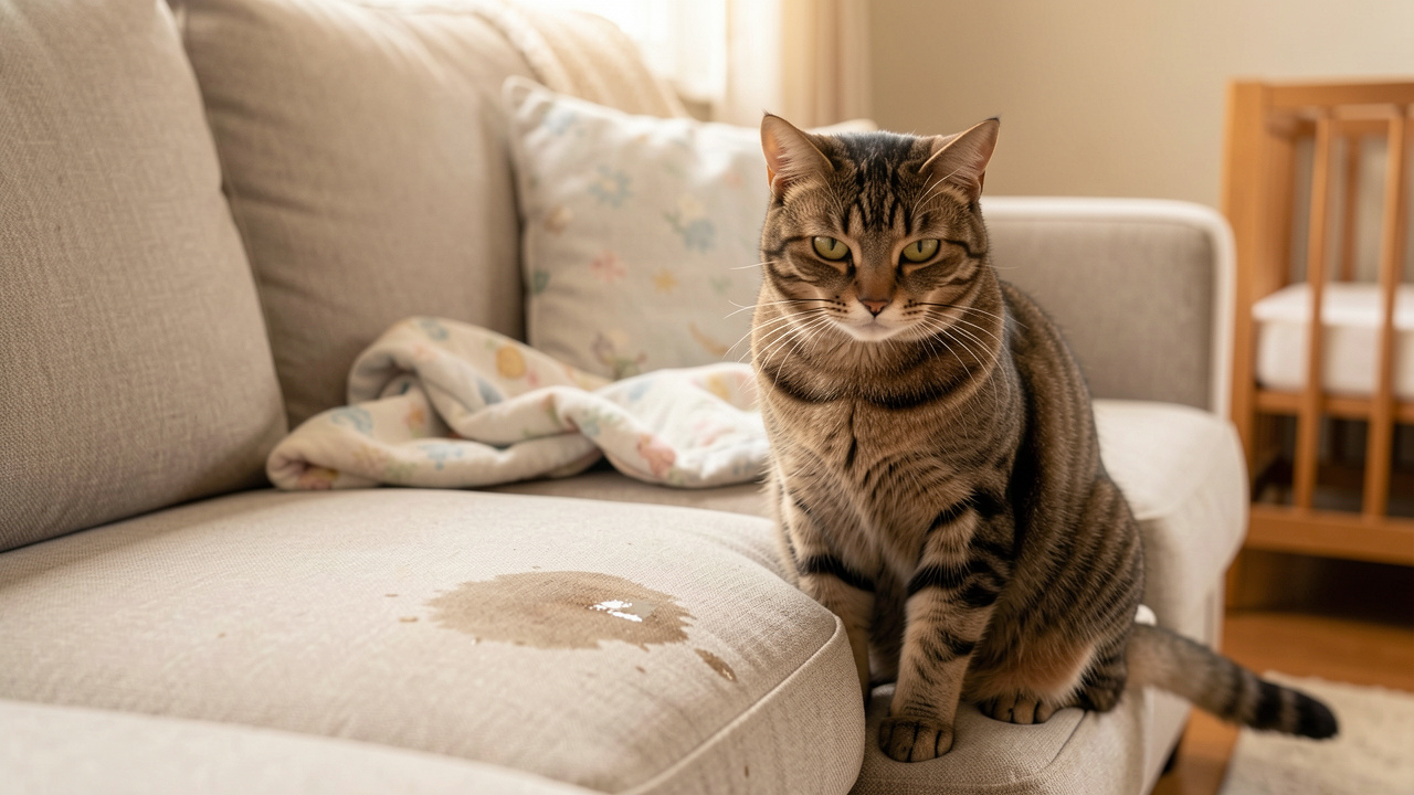 Chat urine sur canapé après l’arrivée de bébé : agir sans le punir